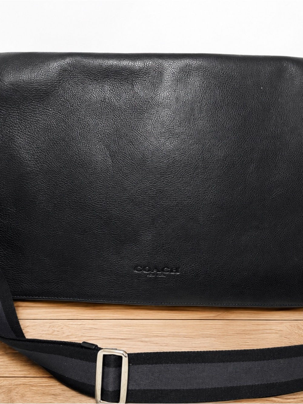 Coach Black Leather Messenger with Striped Shoulder Strap